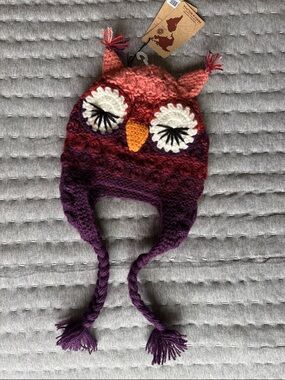 Kids Crochet Owl Earflap Hat in Purple & Coral - Cozy Winter Beanie